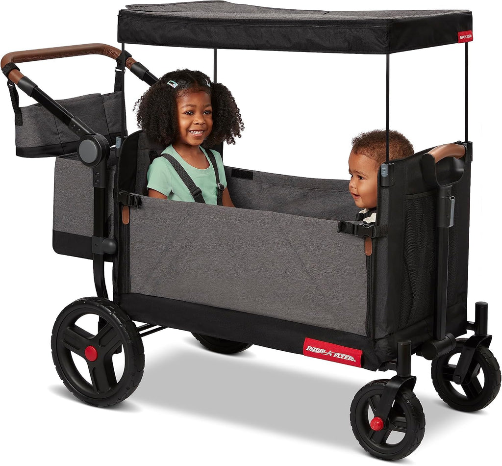 Radio Flyer Atlas Stroll 'N Wagon, Atlas Gray, for Ages 1+, 3-in-1 Push or Pull Versatility, One-Hand Fold, UV Canopy, 5-Point Harnesses, Storage Capabilities, Rubber Wheels, Stroller Wagon for Kids