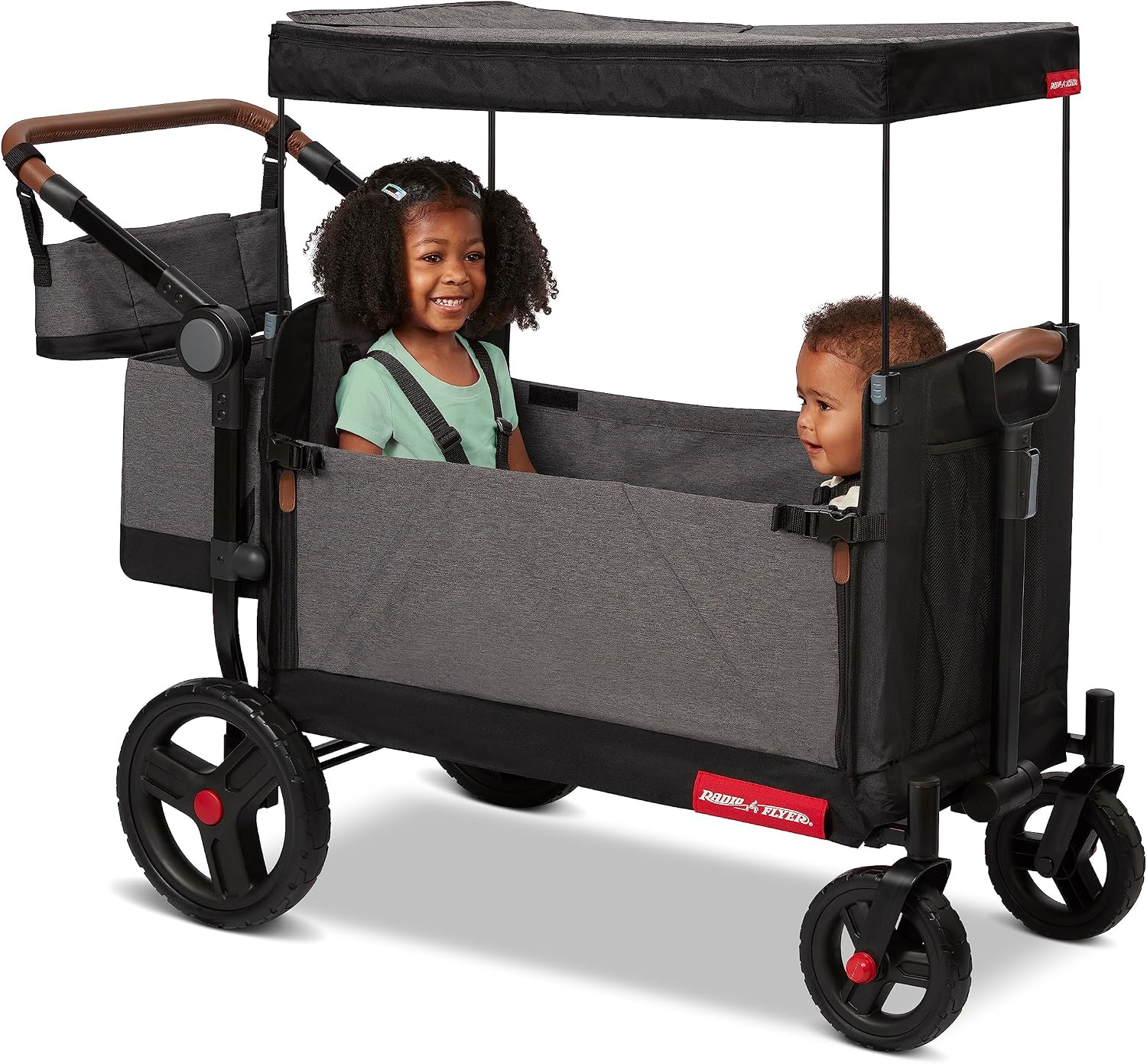 Radio Flyer Atlas Stroll 'N Wagon, Atlas Gray, for Ages 1+, 3-in-1 Push or Pull Versatility, One-Hand Fold, UV Canopy, 5-Point Harnesses, Storage Capabilities, Rubber Wheels, Stroller Wagon for Kids