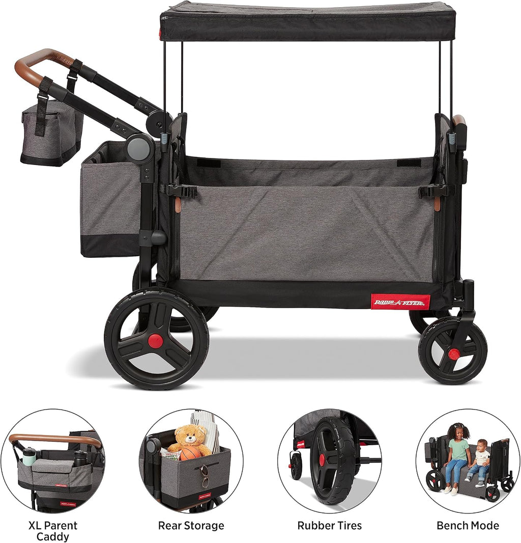 Radio Flyer Atlas Stroll 'N Wagon, Atlas Gray, for Ages 1+, 3-in-1 Push or Pull Versatility, One-Hand Fold, UV Canopy, 5-Point Harnesses, Storage Capabilities, Rubber Wheels, Stroller Wagon for Kids