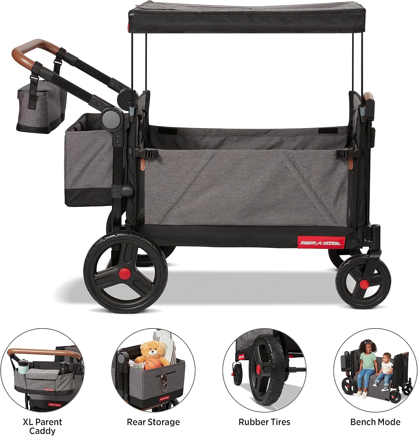 Radio Flyer Atlas Stroll 'N Wagon, Atlas Gray, for Ages 1+, 3-in-1 Push or Pull Versatility, One-Hand Fold, UV Canopy, 5-Point Harnesses, Storage Capabilities, Rubber Wheels, Stroller Wagon for Kids