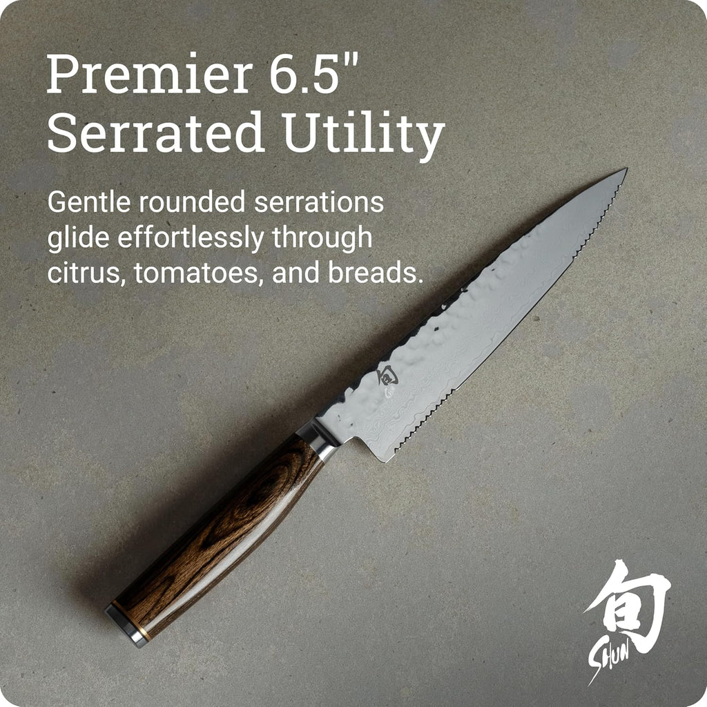 Shun Premier 6.5' Serrated Utility Knife, Handcrafted Japanese Knife, VG-MAX Core with Damascus Stainless Steel Cladding, Pakkawood Handle, Precision and Sharpness for Professional and Home Chefs