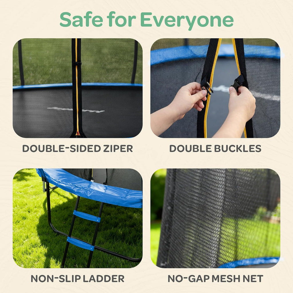 JoyBerri Trampoline Outdoor - Upsurge ASTM Certified Safe 8Ft 10Ft 12Ft 14Ft 15Ft 16Ft Recreational Trampoline for Kids and Adults. Anti-Rust Coating with Enclosure Net, Ladder, Sprinkler & LED Lights