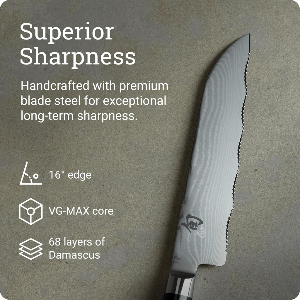 Shun Classic 7' Master Serrated Utility Knife, Handcrafted Japanese Knife, VG-MAX Core with Damascus Stainless Steel Cladding, Pakkawood Handle, Precision and Sharpness for Professional and Home Chefs