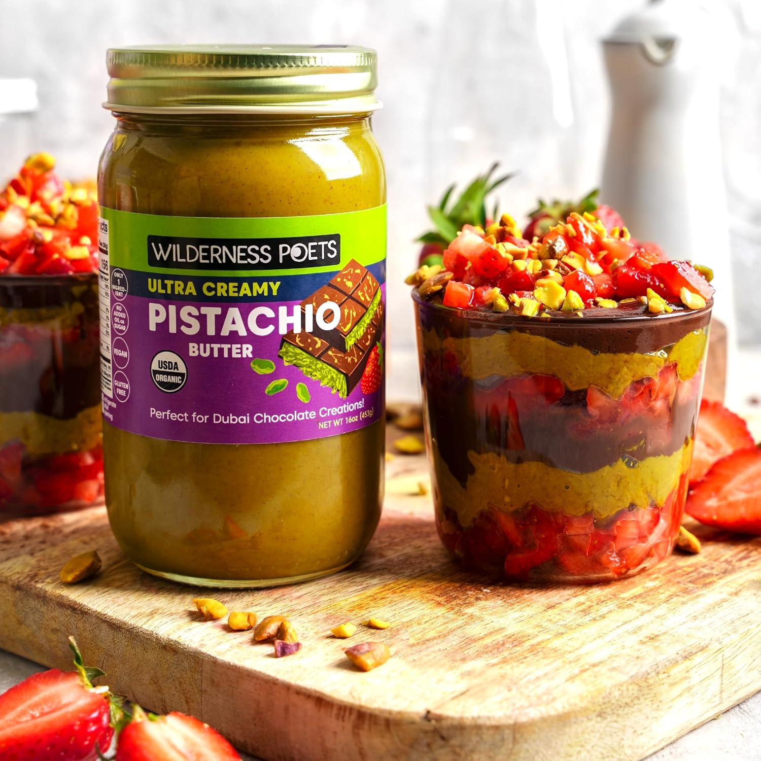 Wilderness Poets, Organic Ultra Creamy Pistachio Nut Butter - (17 Pound- 2 Gallon) - Unsweetened, Silky Smooth - Perfect for Dubai Chocolate-Inspired Creations. One ingredient