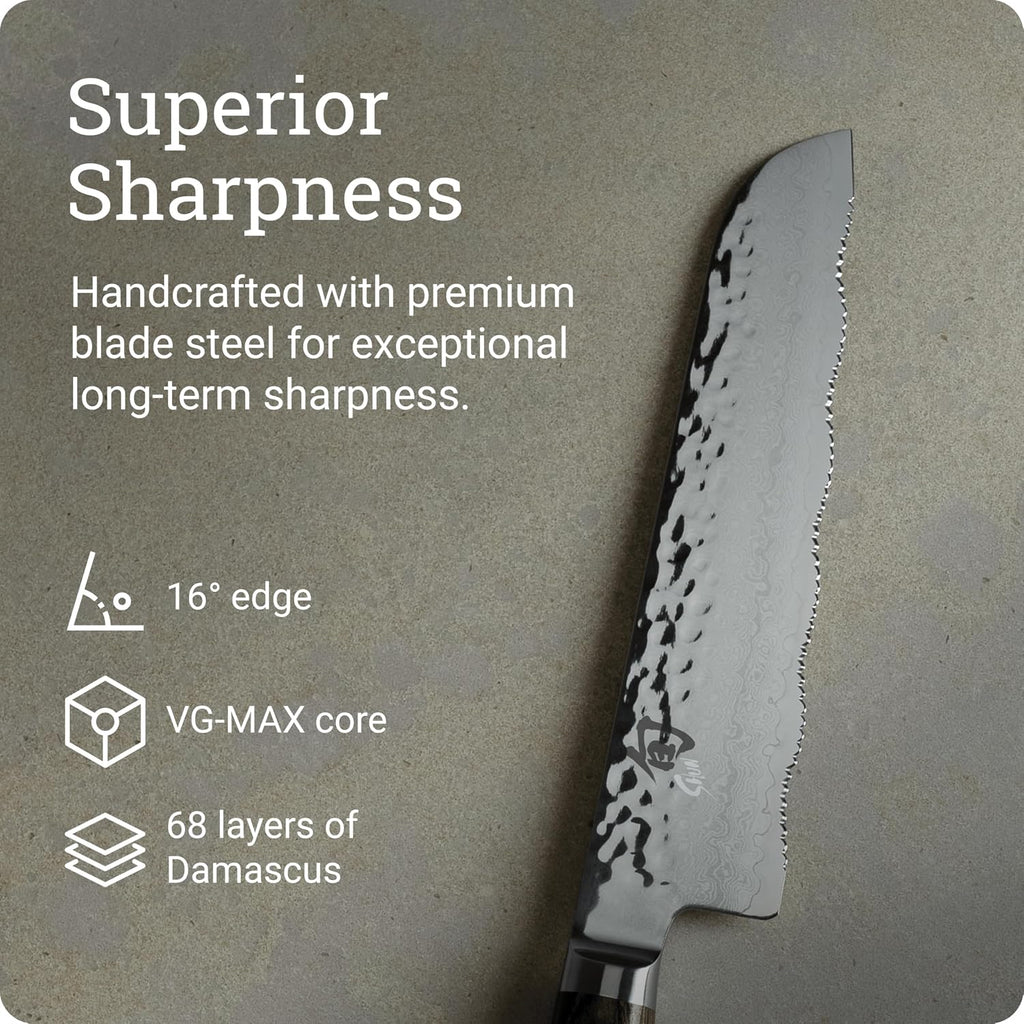 Shun Premier 7' Master Serrated Utility Knife, Handcrafted Japanese All Purpose Kitchen Knife, VG-MAX Core with Damascus Stainless Steel Cladding, Pakkawood Handle, for Professional and Home Chefs