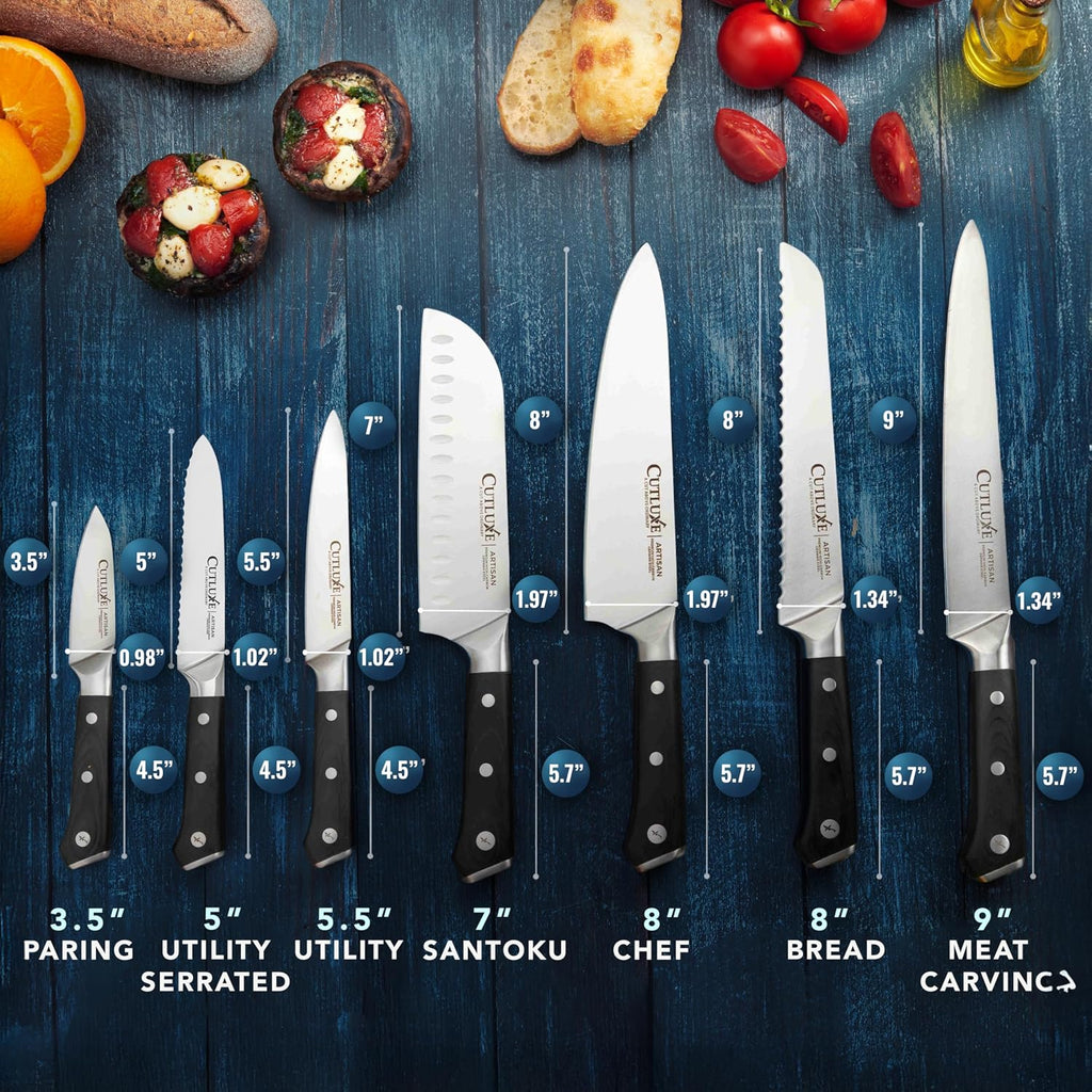 Cutluxe Chef Knife Set, 7 PCS Professional Chef's Knife Set – Razor Sharp German Steel, Full Tang, Ergonomic Handles – Artisan Series