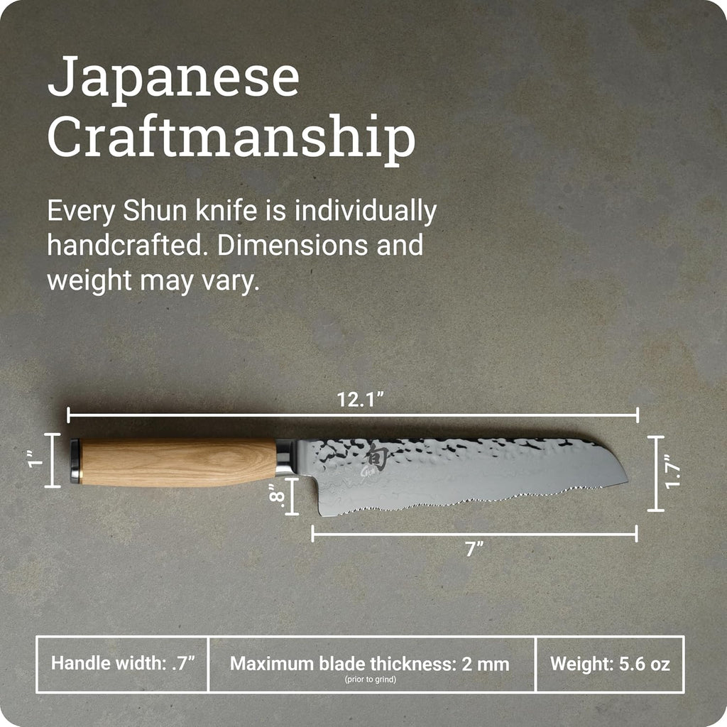Shun Premier Blonde 7' Master Serrated Utility Knife, Handcrafted Japanese Knife, VG-MAX Core with Damascus Stainless Steel Cladding, Pakkawood Handle, Precision and Sharpness