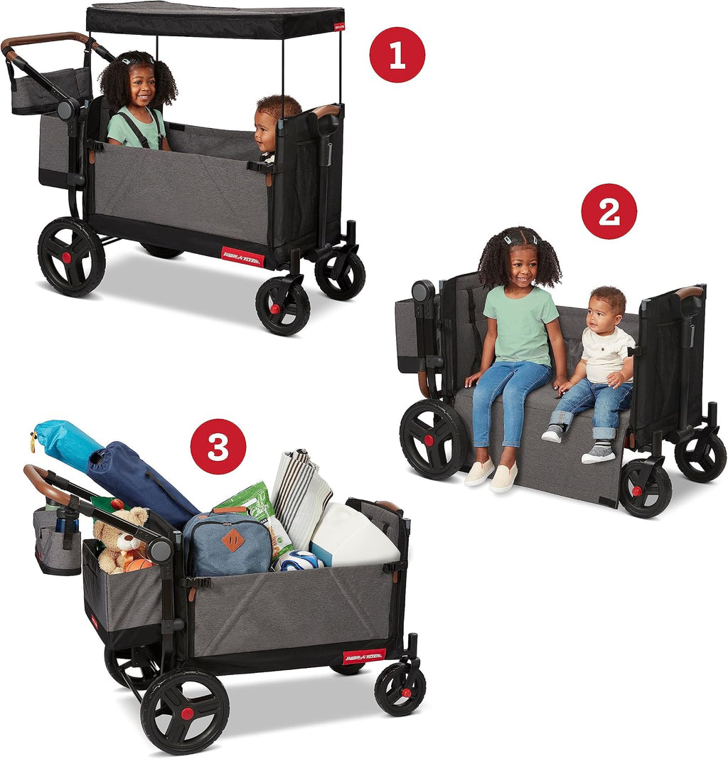 Radio Flyer Atlas Stroll 'N Wagon, Atlas Gray, for Ages 1+, 3-in-1 Push or Pull Versatility, One-Hand Fold, UV Canopy, 5-Point Harnesses, Storage Capabilities, Rubber Wheels, Stroller Wagon for Kids