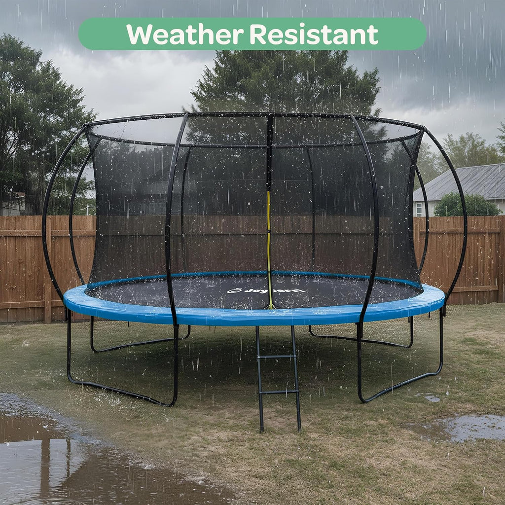 JoyBerri Trampoline Outdoor - Upsurge ASTM Certified Safe 8Ft 10Ft 12Ft 14Ft 15Ft 16Ft Recreational Trampoline for Kids and Adults. Anti-Rust Coating with Enclosure Net, Ladder, Sprinkler & LED Lights