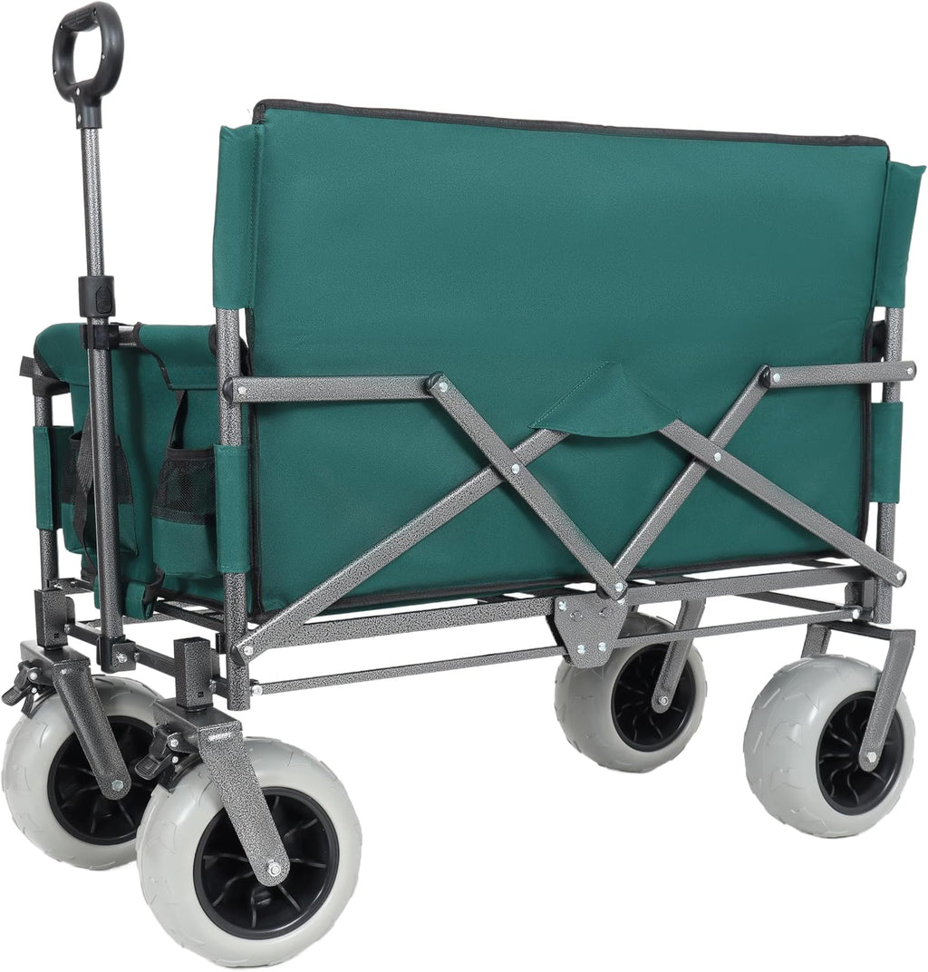 3-in-1 Convertible Folding Wagon Cart with Bench Seat & Storage-500lbs Capacity, 9'x4' Beach Tires for Camping & Beach (Green + Steel)