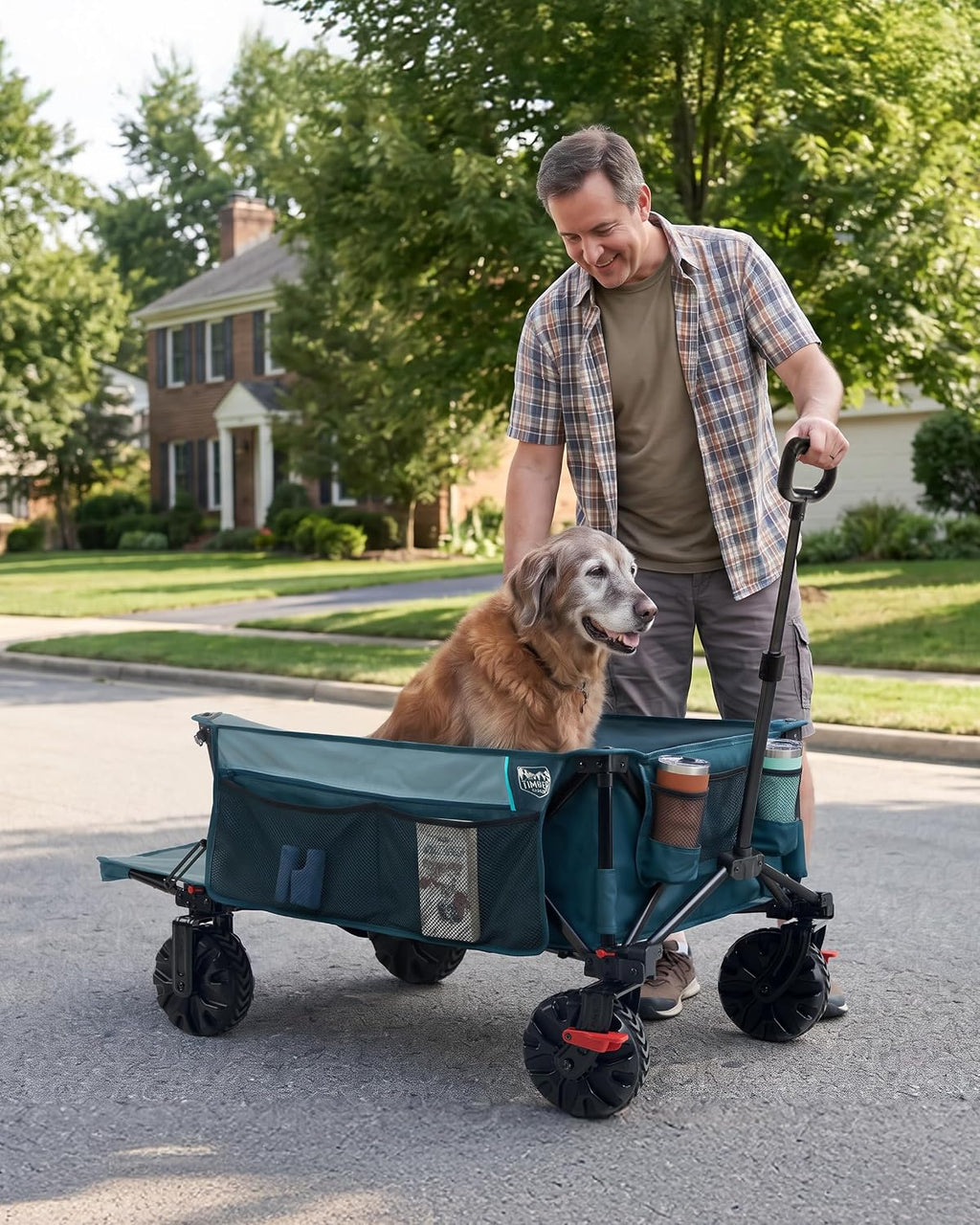 TIMBER RIDGE 600L Beast Wagon 26' W Extra Wide All Terrain Folding w/Big Wheels, Cargo Net & Tailgate, 26' W and 54.5' L, 400lbs Heavy Duty Collapsible Portable Cart for Camping, Sports, Dogs, Blue