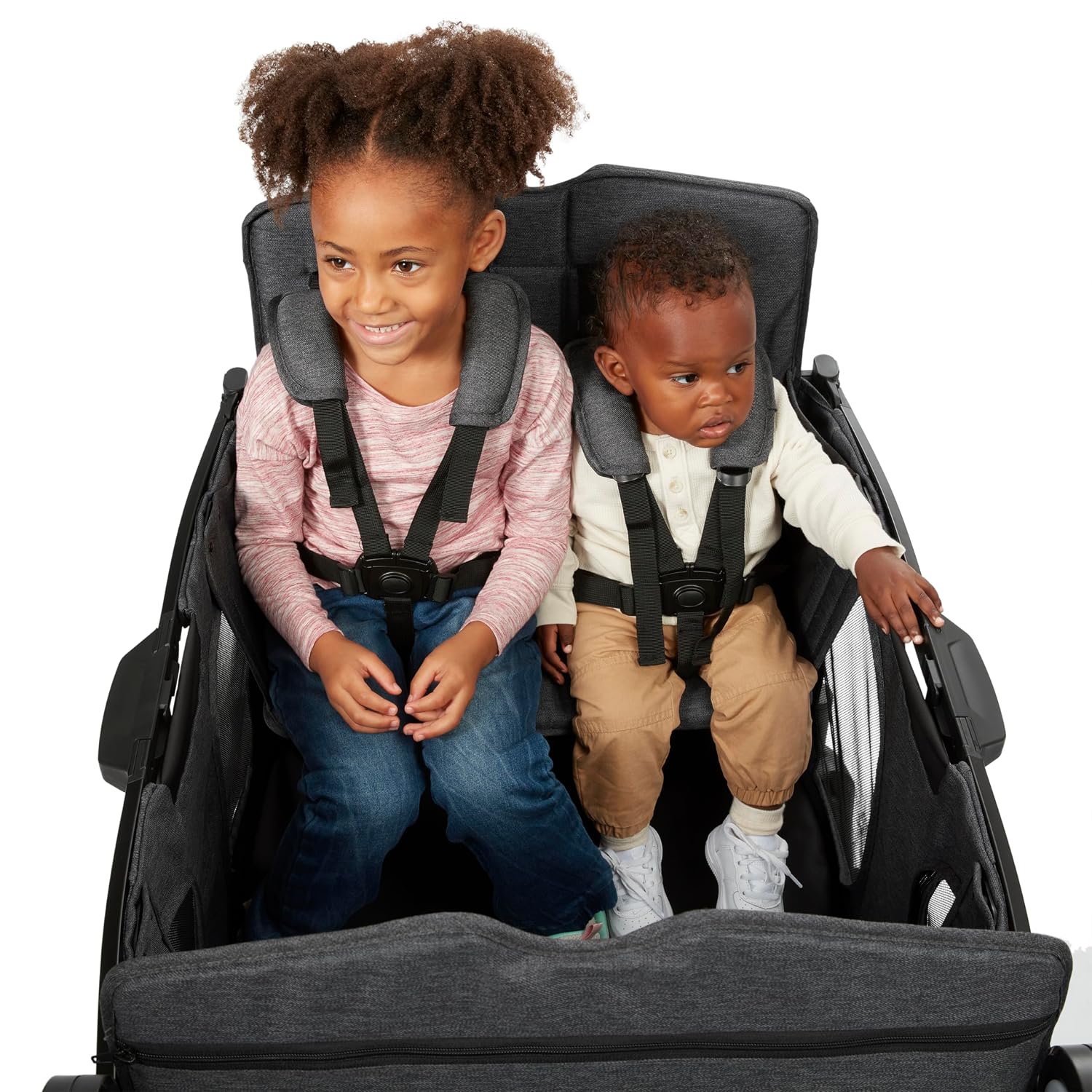 Radio Flyer Voya XT Quad Stroller Wagon, for Ages 6+ Months, Extra Tall Sides, Push or Pull, 4 Seats, Dual Sun Canopies, Compact Fold, Storage Space, 5-Point Harnesses, Stroller Wagon for Kids