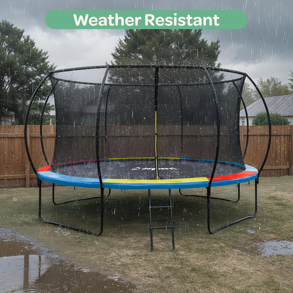 JoyBerri Trampoline Outdoor - Upsurge ASTM Certified Safe 8Ft 10Ft 12Ft 14Ft 15Ft 16Ft Recreational Trampoline for Kids and Adults. Anti-Rust Coating with Enclosure Net, Ladder, Sprinkler & LED Lights