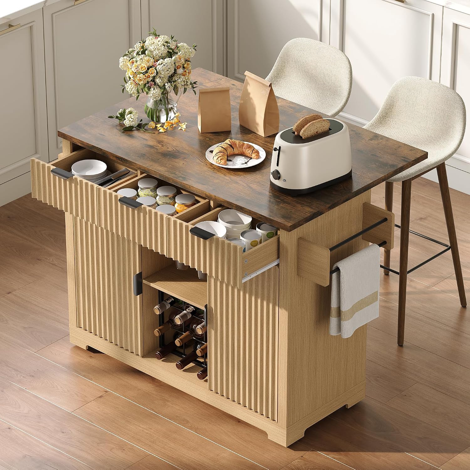 Vabches Rolling Kitchen Island with Folding Drop Leaf,50'' Wine Cabinet with Storage, Buffet Cabinet on Wheels with Wine Rack for Kitchen, Bar Cart on Wheels with Fluted Design, Nautral