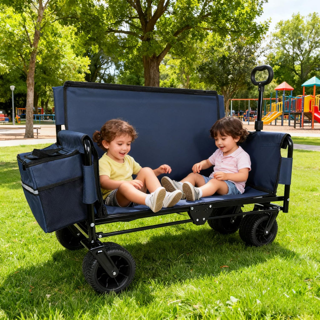3-in-1 Heavy-Duty Folding Wagon Cart with Bench Seat & Storage - 500lbs Capacity, All-Terrain 360° Wheels, Ice Pack Included - Perfect for Camping, Beach, Sports, Garden & Outdoor Events (Dark Blue)