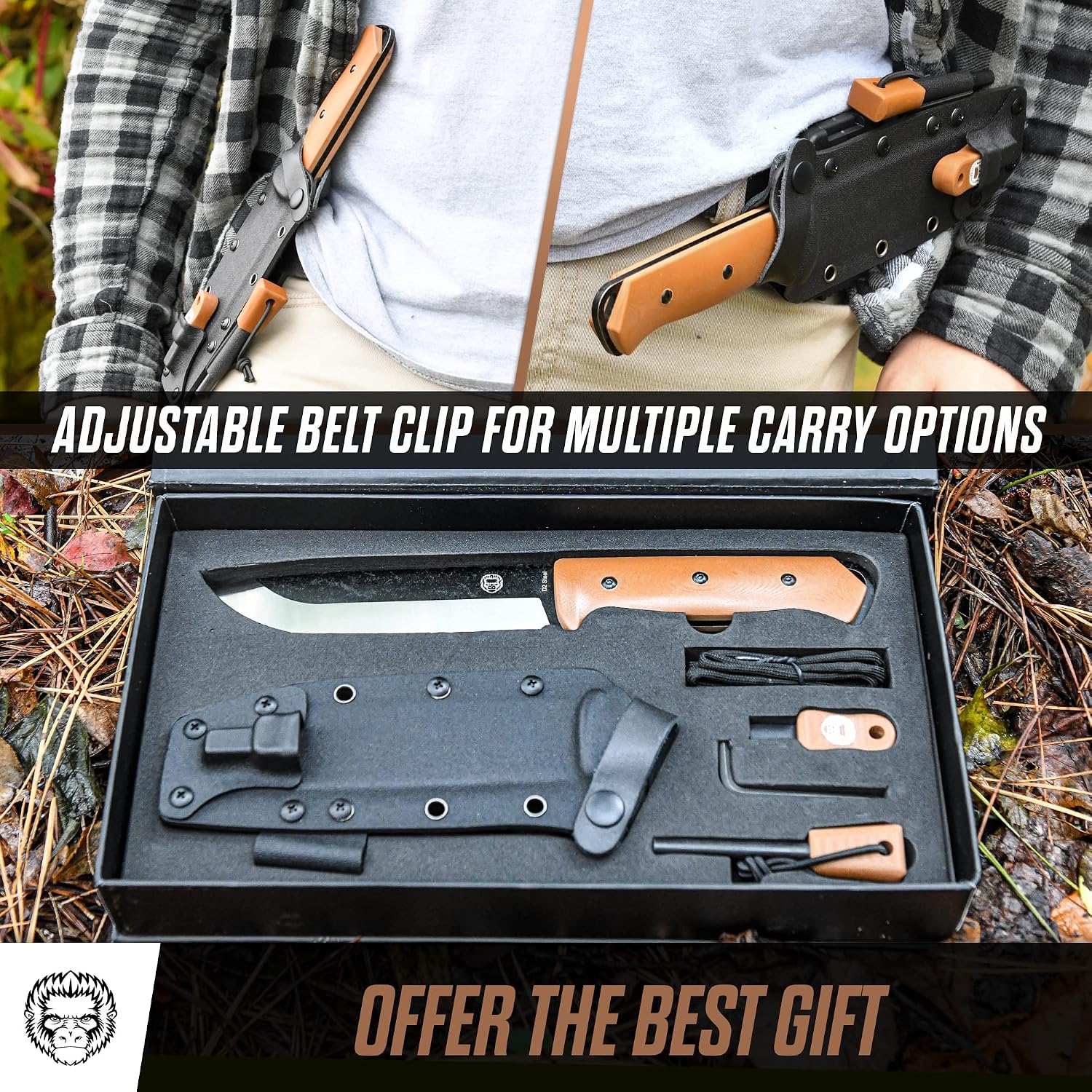 Holtzman's Gorilla Survival Bushwhacker Fixed Blade Knife with Fire Starter, G10 Scraper, and Paracord (Brown) - Ideal for Camping and Survival