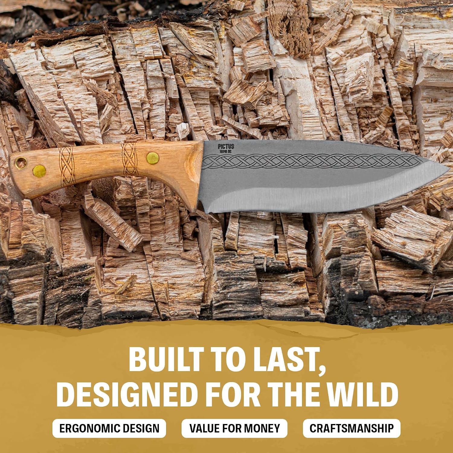 Condor Tool & Knife Pictus Knife | 1095 High Carbon Steel Fixed Blade Knife with Hand Crafted Welted Leather Sheath | Bushcraft Knife with Burnt Hickory Handle | 6.1in Blade | 3mm Thick | 14.1oz