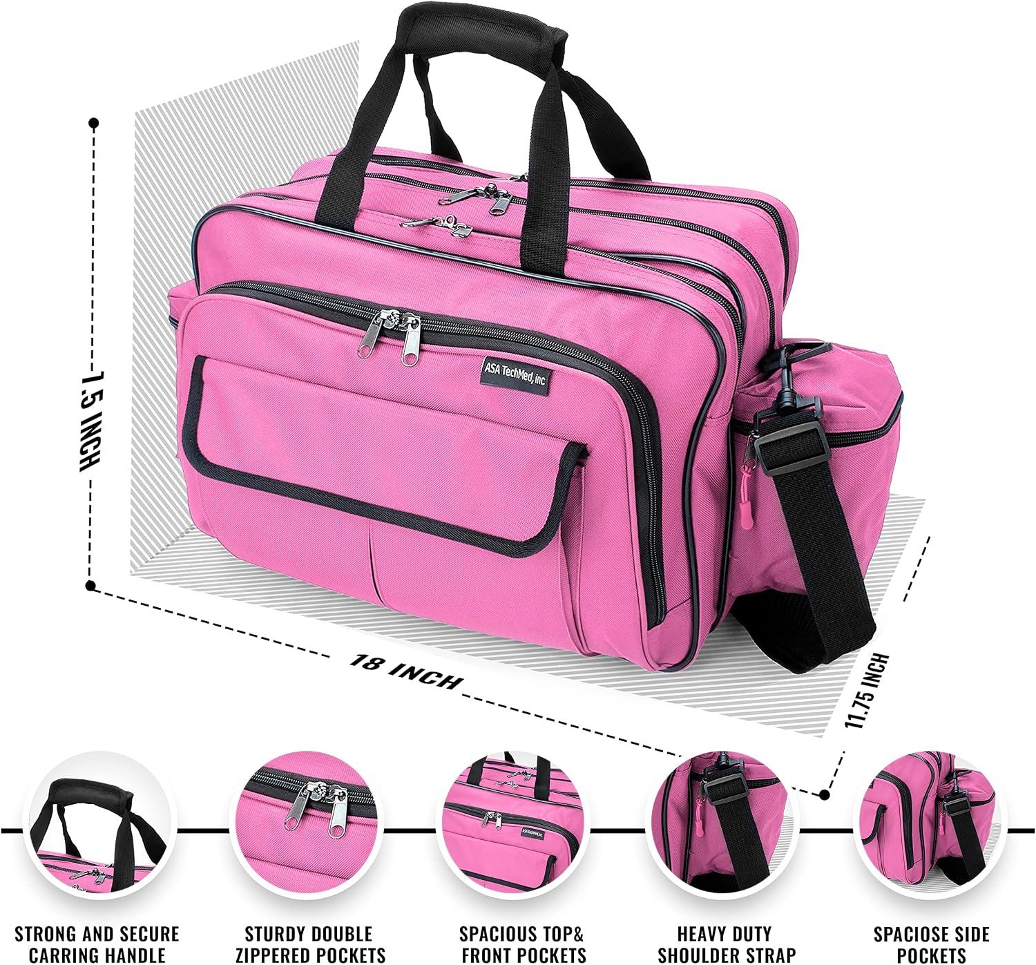 ASA TECHMED Durable Nurse Travel Bag with Nursing Supplies – Multi-Pocketed, Heavy-Duty Nylon, Webbed Shoulder Strap
