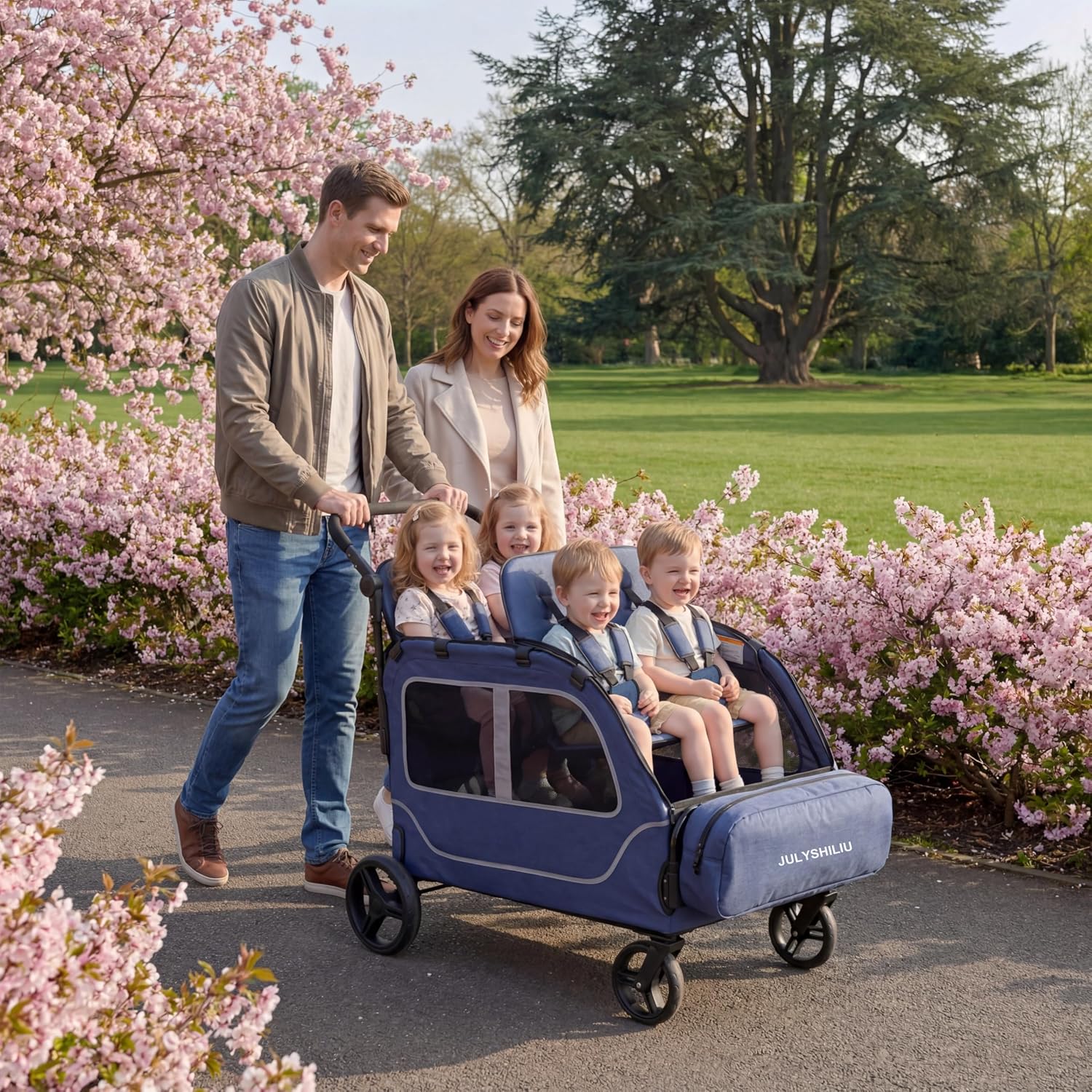 Car-Shaped Large 4 Seater Stroller Wagon for 2 3 Kids Toddler Child Foldable All-Terrain Triple Quad Wagon with Removable Canopy, 5-Point Harness, Storage Bag Shopping Outdoor Blue