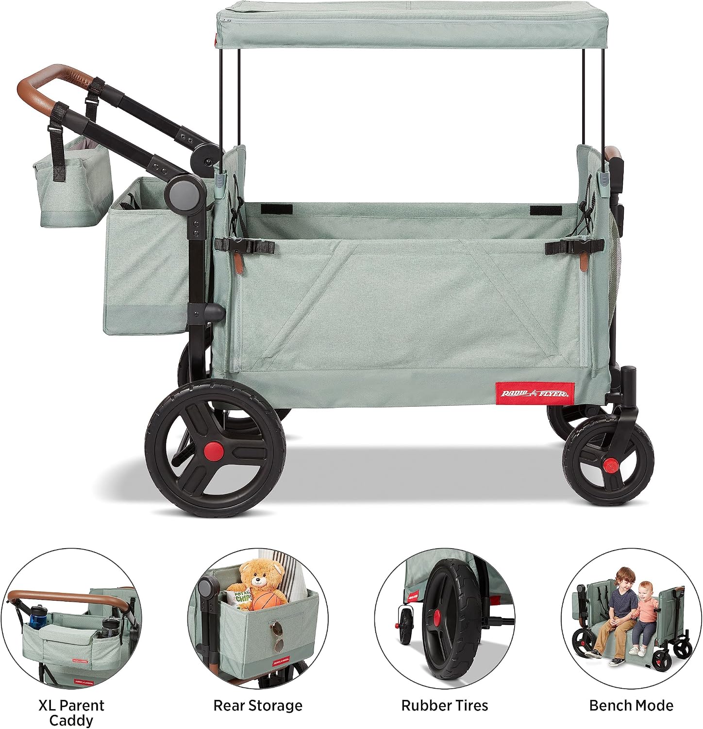 Radio Flyer Atlas Stroll 'N Wagon, Sage Green, for Ages 1+, 3-in-1 Push or Pull Versatility, One-Hand Fold, UV Canopy, 5-Point Harnesses, Storage Capabilities, Rubber Wheels, Stroller Wagon for Kids