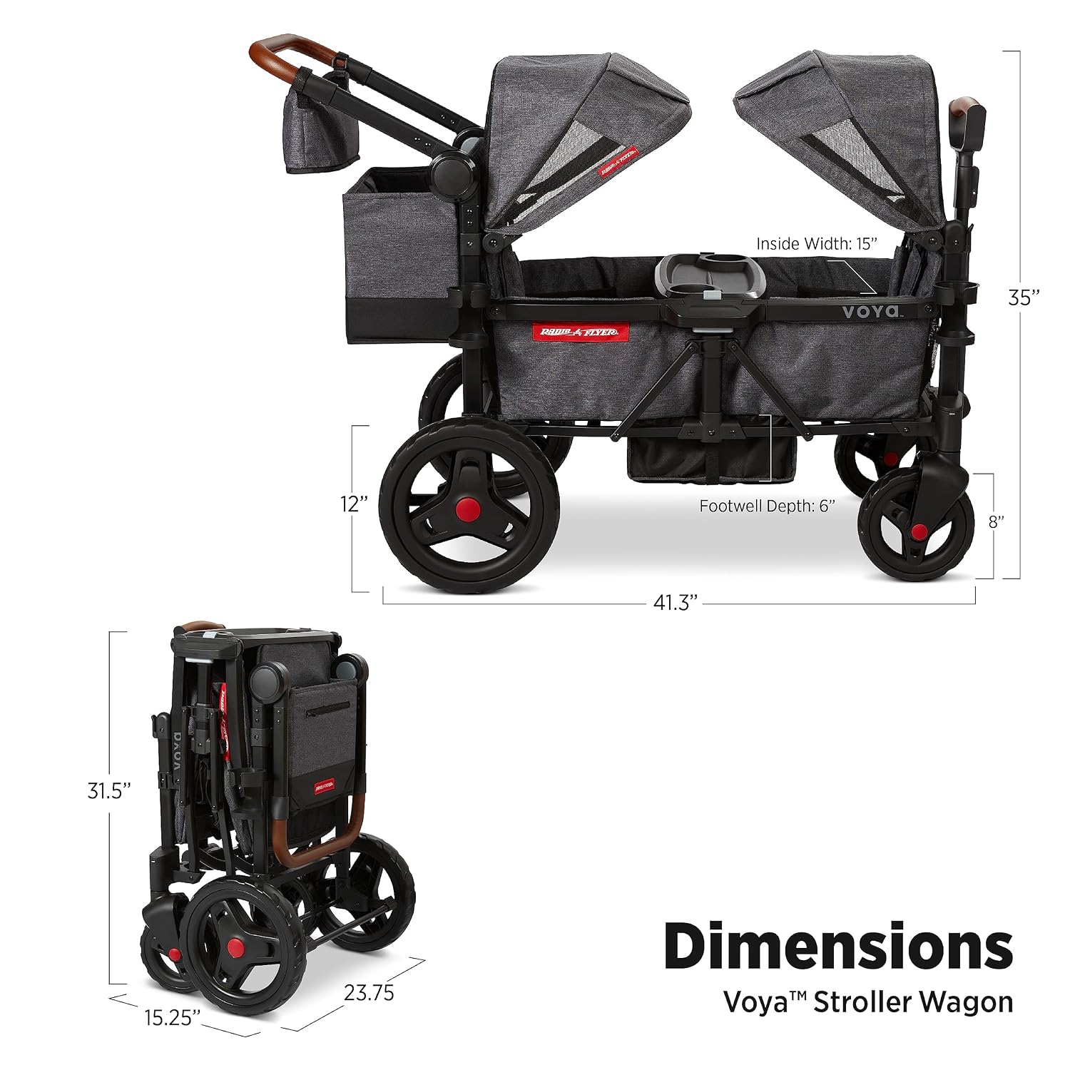 Radio Flyer Voya Stroller Wagon, for Toddlers and Kids 6+ Months, Push or Pull, 2 Seats, Dual Sun Canopies, Compact Fold, Lightweight, Storage Space, 5-Point Harnesses, Stroller Wagon for Kids