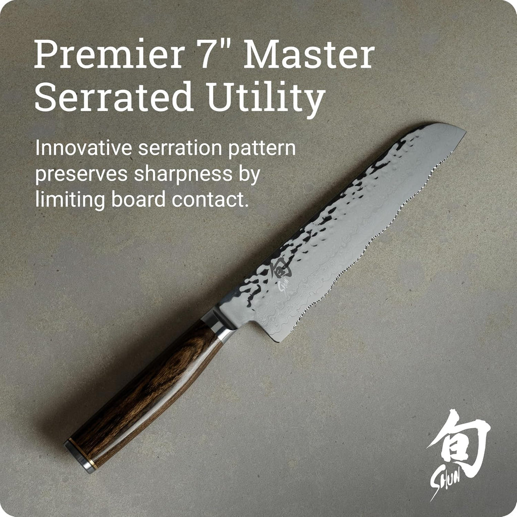 Shun Premier 7' Master Serrated Utility Knife, Handcrafted Japanese All Purpose Kitchen Knife, VG-MAX Core with Damascus Stainless Steel Cladding, Pakkawood Handle, for Professional and Home Chefs