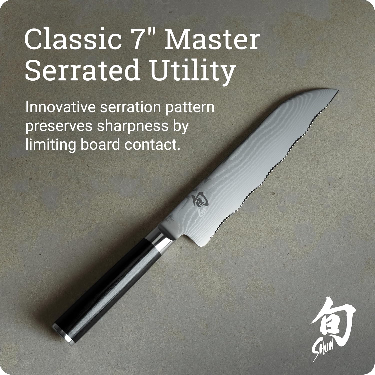Shun Classic 7' Master Serrated Utility Knife, Handcrafted Japanese Knife, VG-MAX Core with Damascus Stainless Steel Cladding, Pakkawood Handle, Precision and Sharpness for Professional and Home Chefs