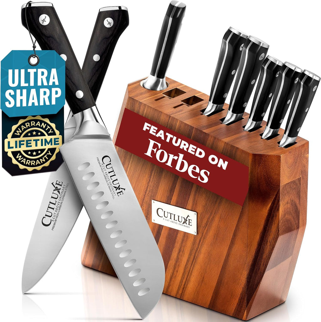 Cutluxe Kitchen Knife Set – 8 Pcs Professional Chef Knife Set with Block – Razor Sharp Knives with Full Tang Design, High Carbon German Steel, Natural Acacia Wood Block – Artisan Series