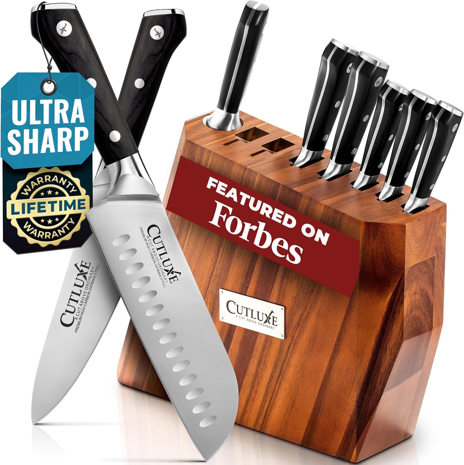 Cutluxe Kitchen Knife Set – 8 Pcs Professional Chef Knife Set with Block – Razor Sharp Knives with Full Tang Design, High Carbon German Steel, Natural Acacia Wood Block – Artisan Series