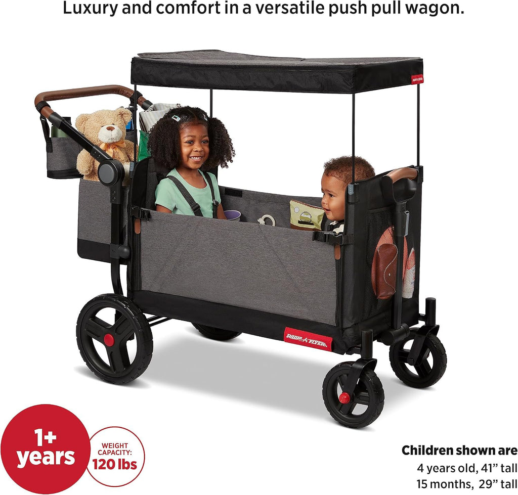 Radio Flyer Atlas Stroll 'N Wagon, Atlas Gray, for Ages 1+, 3-in-1 Push or Pull Versatility, One-Hand Fold, UV Canopy, 5-Point Harnesses, Storage Capabilities, Rubber Wheels, Stroller Wagon for Kids