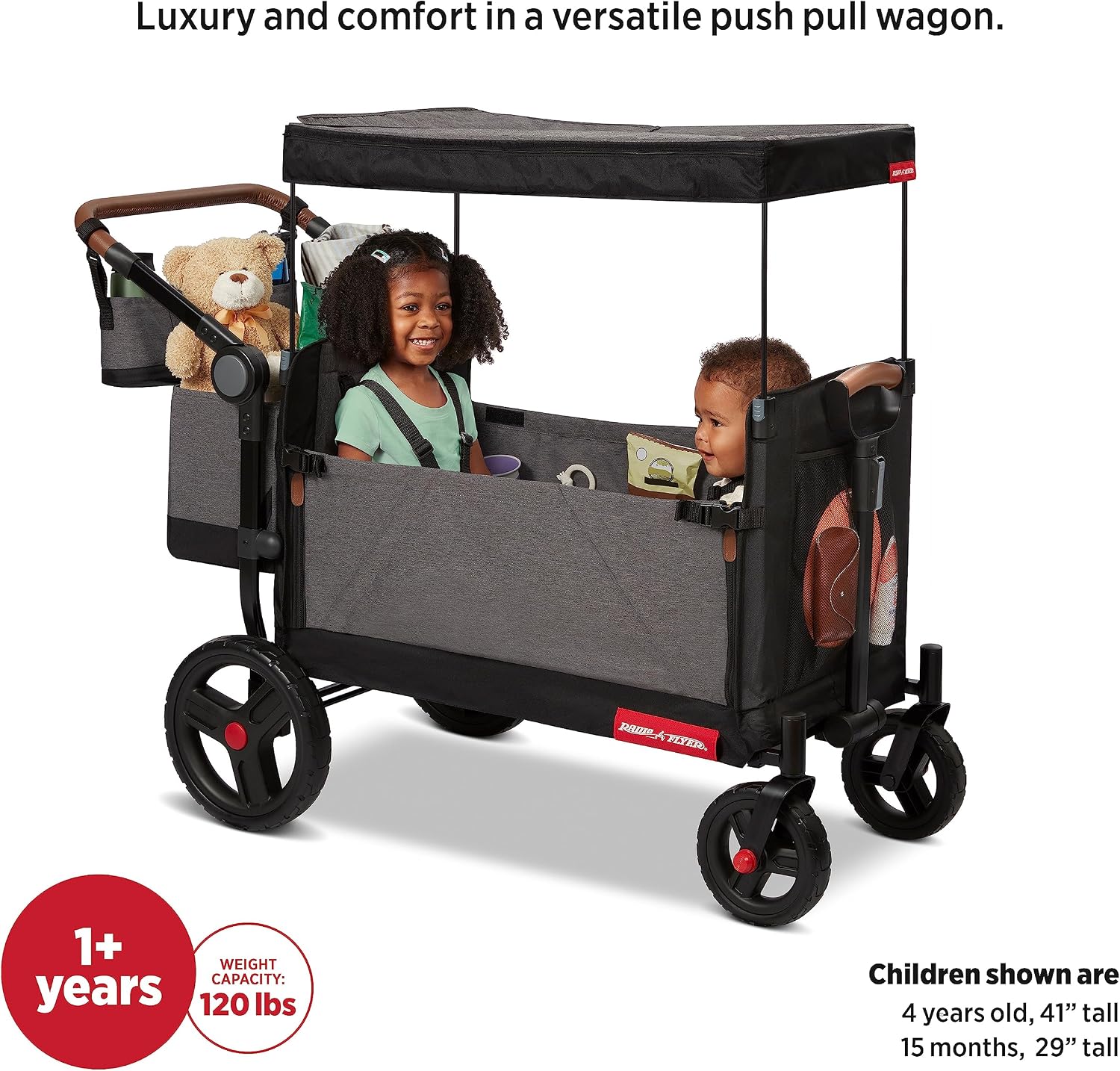 Radio Flyer Atlas Stroll 'N Wagon, Atlas Gray, for Ages 1+, 3-in-1 Push or Pull Versatility, One-Hand Fold, UV Canopy, 5-Point Harnesses, Storage Capabilities, Rubber Wheels, Stroller Wagon for Kids