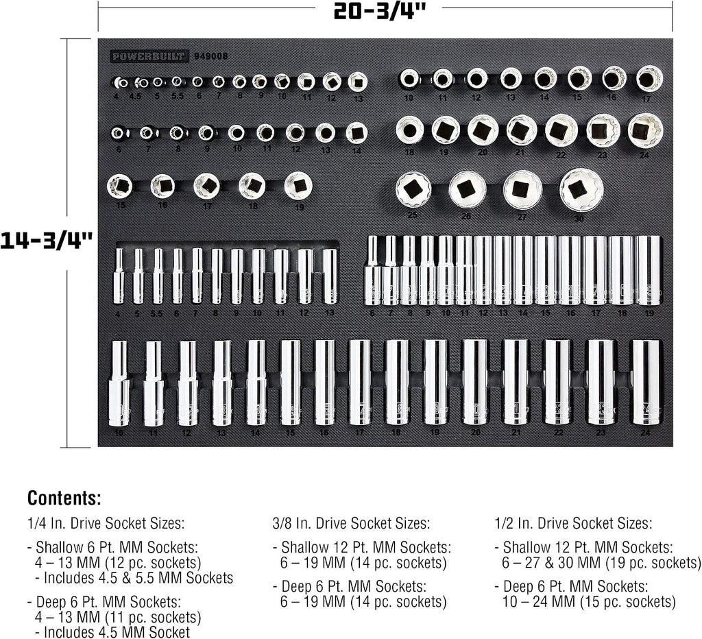 Powerbuilt 85 Piece Metric Master Socket Set, 1/4, 3/8, and 1/2 Inch Drive, 6 and 12 Point, Deep and Shallow Sockets, Storage Organizer - 949008