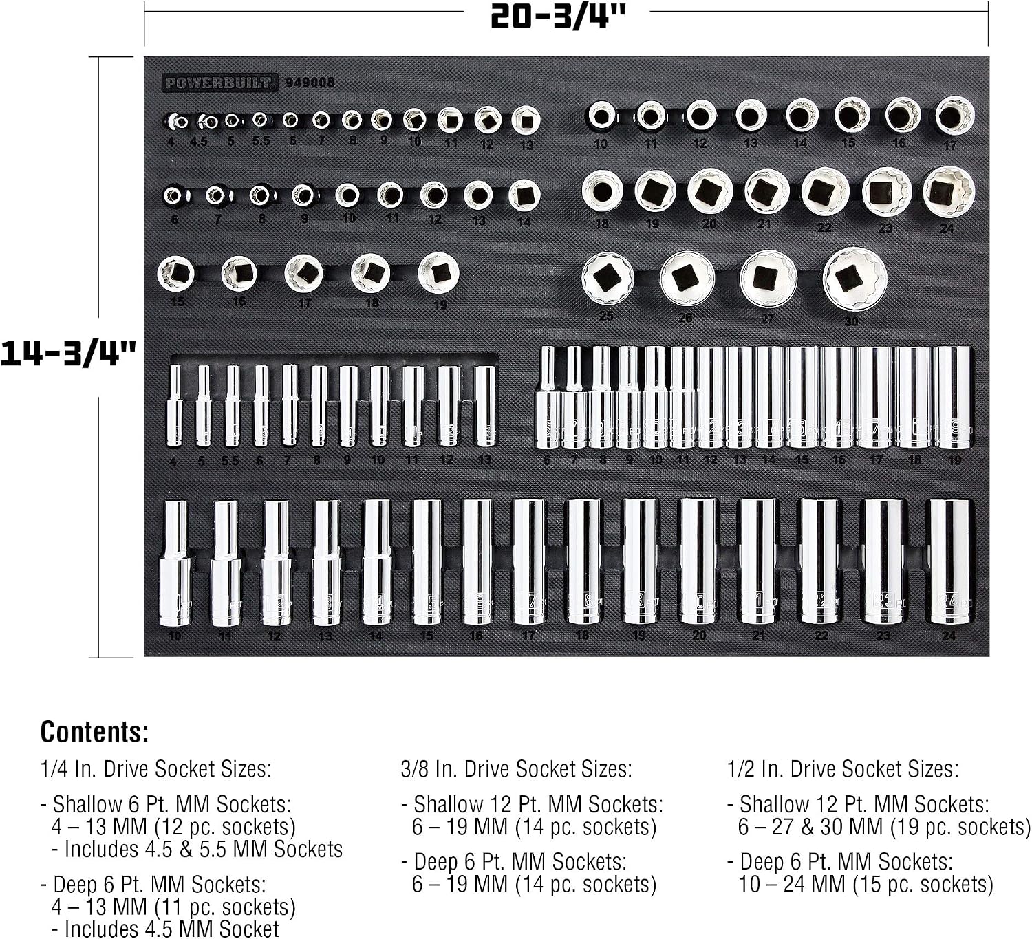Powerbuilt 85 Piece Metric Master Socket Set, 1/4, 3/8, and 1/2 Inch Drive, 6 and 12 Point, Deep and Shallow Sockets, Storage Organizer - 949008