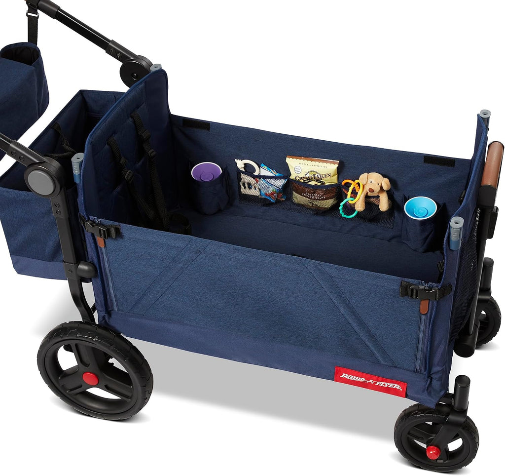 Radio Flyer Atlas Stroll 'N Wagon, Navy Blue, For Ages 1+, 3-in-1 Push or Pull Versatility, One-Hand Fold, UV Canopy, 5-Point Harnesses, Storage Capabilities, Rubber Wheels, Stroller Wagon for Kids