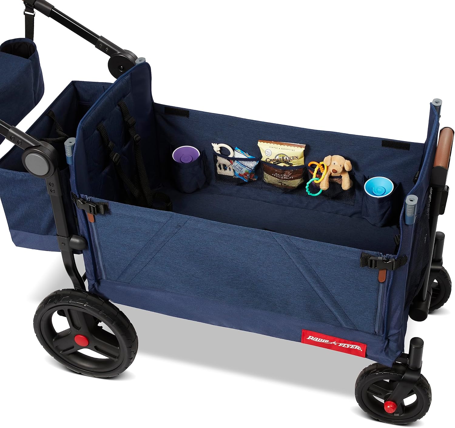 Radio Flyer Atlas Stroll 'N Wagon, Navy Blue, For Ages 1+, 3-in-1 Push or Pull Versatility, One-Hand Fold, UV Canopy, 5-Point Harnesses, Storage Capabilities, Rubber Wheels, Stroller Wagon for Kids