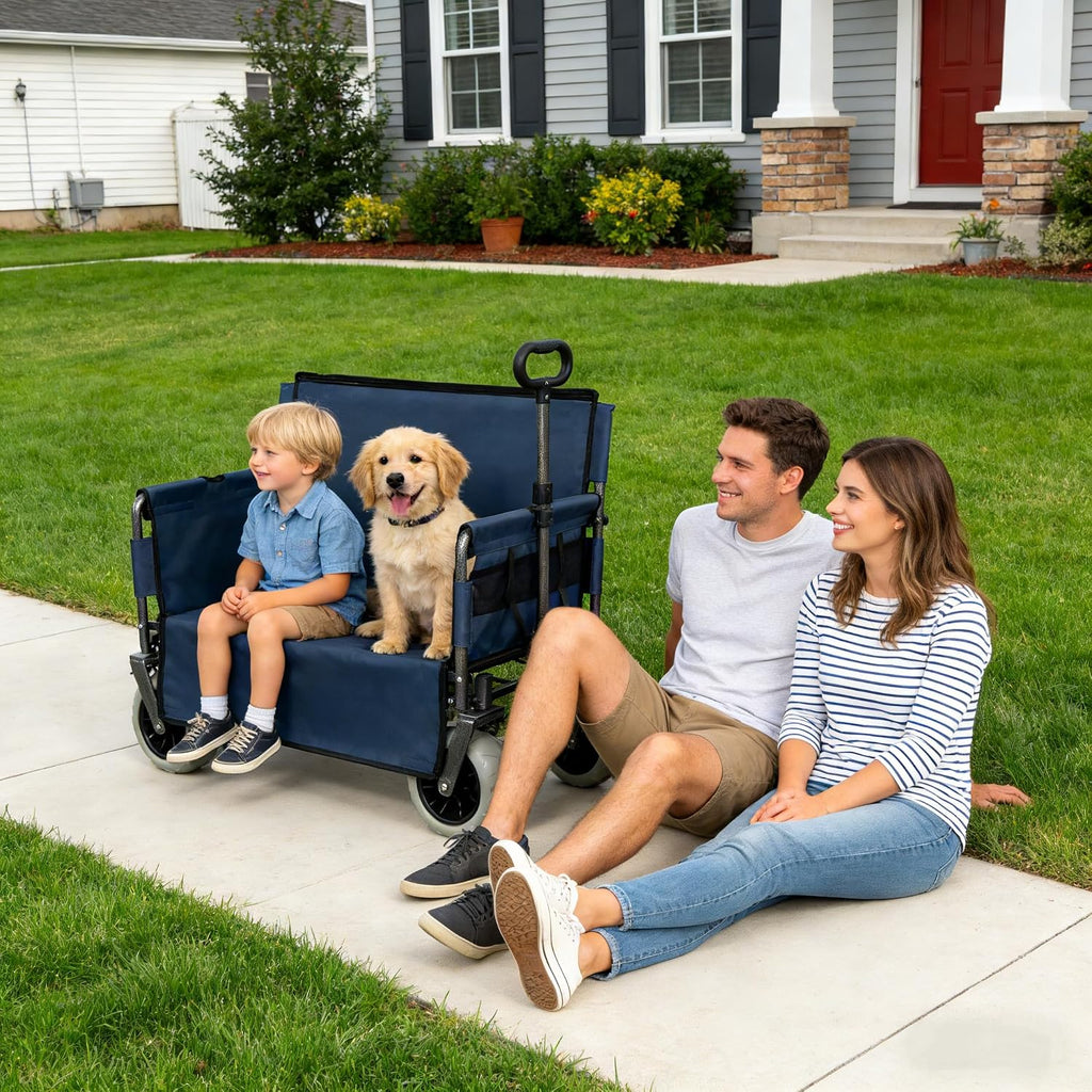 ZeHuoGe 3-in-1 Folding Wagon with Bench Seat – 500lbs Capacity, 9'x4' Beach Tires for Camping & Beach (Dark Blue)