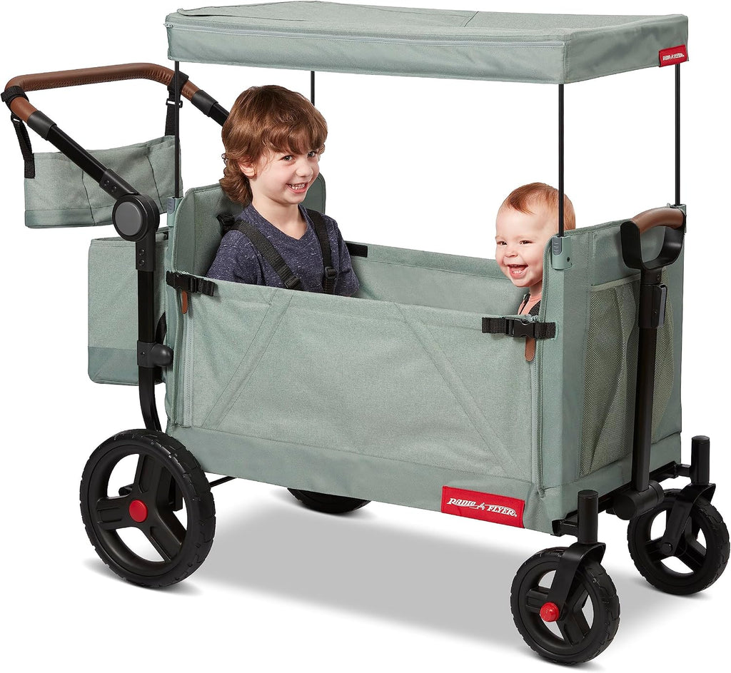 Radio Flyer Atlas Stroll 'N Wagon, Sage Green, for Ages 1+, 3-in-1 Push or Pull Versatility, One-Hand Fold, UV Canopy, 5-Point Harnesses, Storage Capabilities, Rubber Wheels, Stroller Wagon for Kids