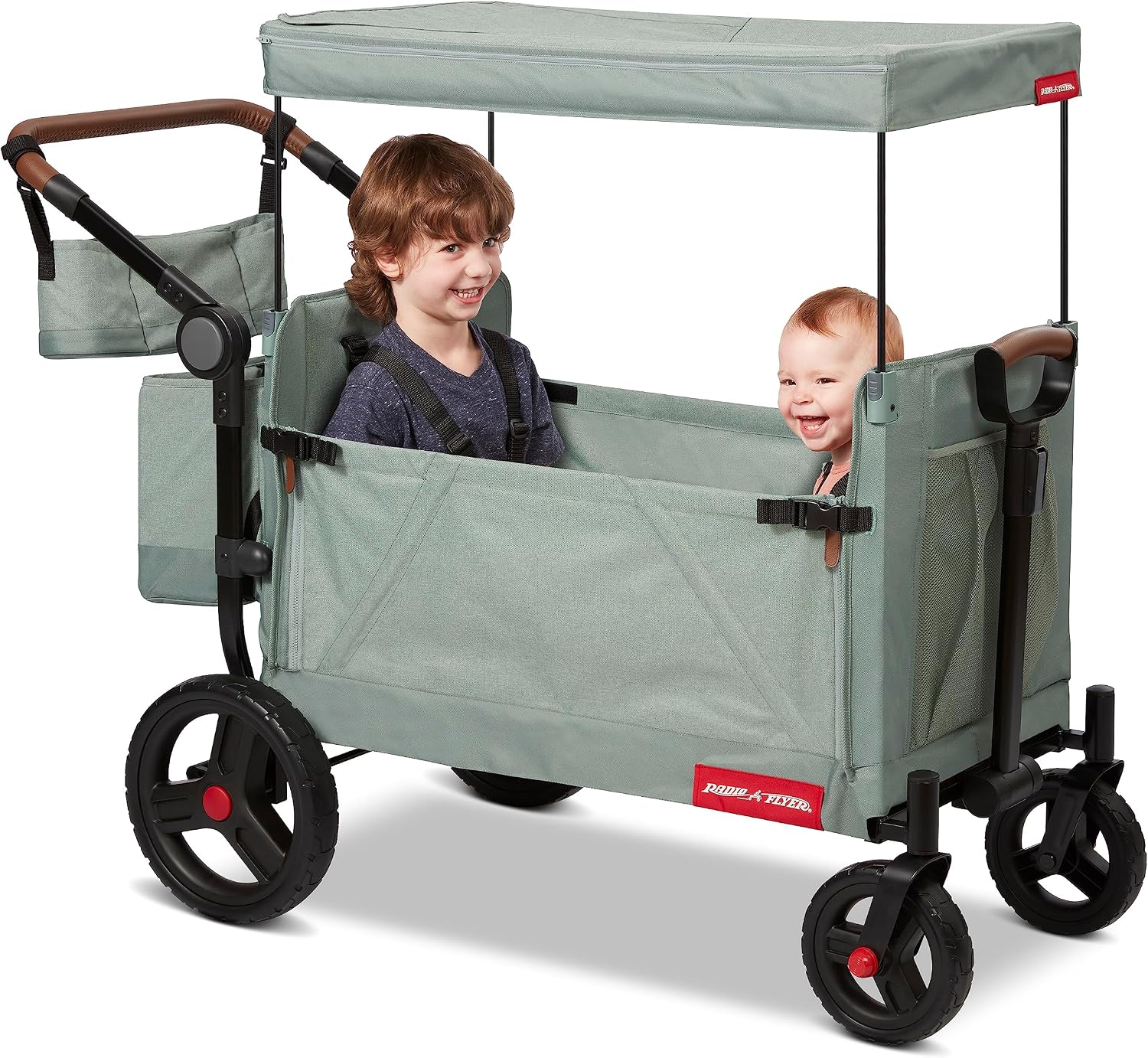 Radio Flyer Atlas Stroll 'N Wagon, Sage Green, for Ages 1+, 3-in-1 Push or Pull Versatility, One-Hand Fold, UV Canopy, 5-Point Harnesses, Storage Capabilities, Rubber Wheels, Stroller Wagon for Kids