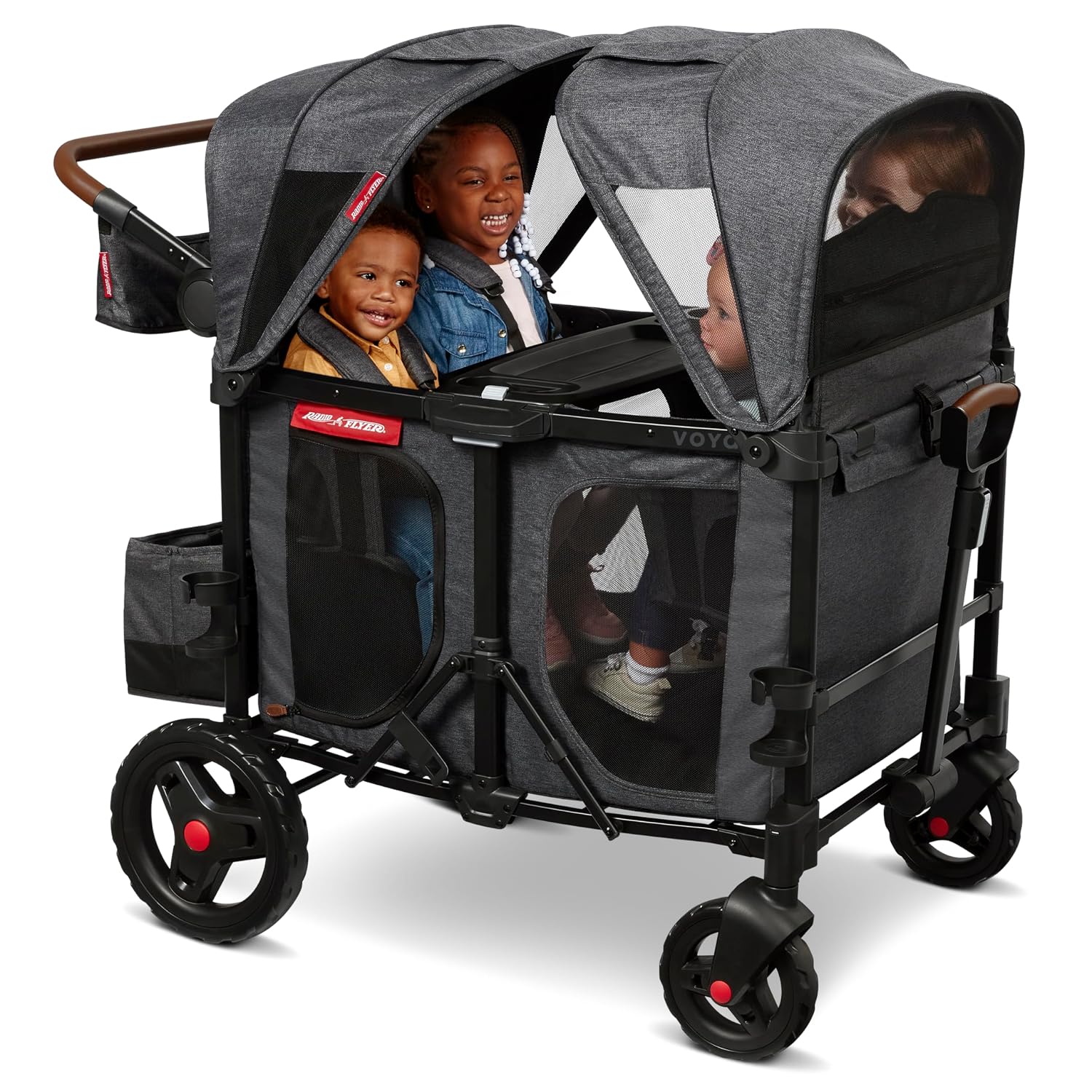 Radio Flyer Voya XT Quad Stroller Wagon, for Ages 6+ Months, Extra Tall Sides, Push or Pull, 4 Seats, Dual Sun Canopies, Compact Fold, Storage Space, 5-Point Harnesses, Stroller Wagon for Kids