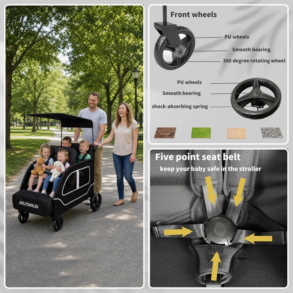 Car-Shaped Large 4 Seater Stroller Wagon for 2 3 Kids Toddler Child Foldable All-Terrain with Removable Canopy, 5-Point Harness, Storage Bag for Shopping Outdoor, Black