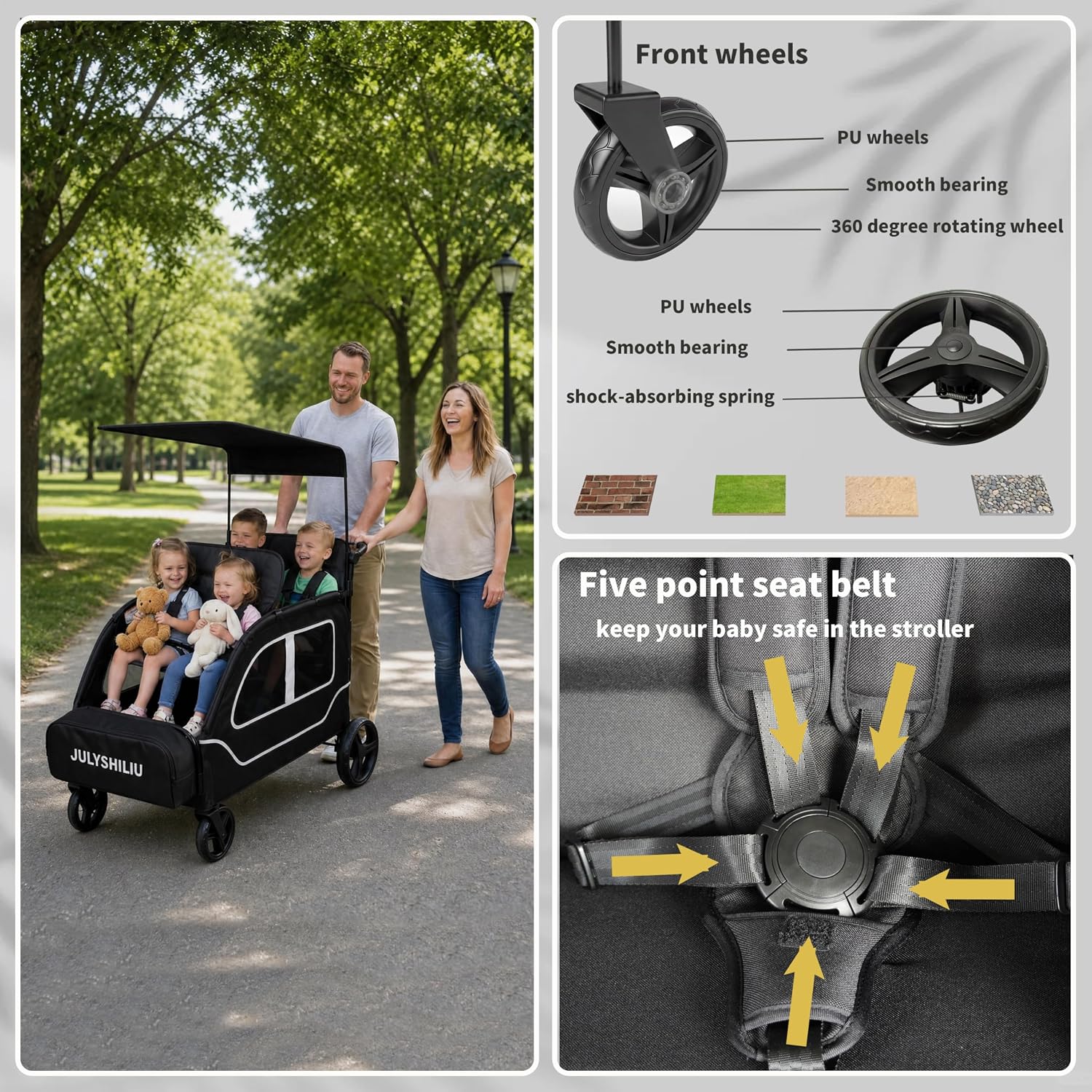 Car-Shaped Large 4 Seater Stroller Wagon for 2 3 Kids Toddler Child Foldable All-Terrain with Removable Canopy, 5-Point Harness, Storage Bag for Shopping Outdoor, Black