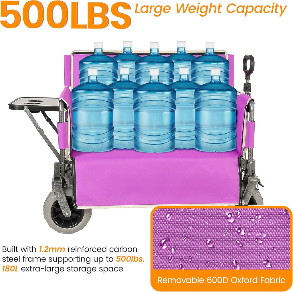 3-in-1 Heavy-Duty Folding Wagon with Bench Seat & Rear-Mounted Folding Tabletop – 500lbs Capacity, All-Terrain Beach Tires for Camping, Picnics, Outdoor Events (Purple)