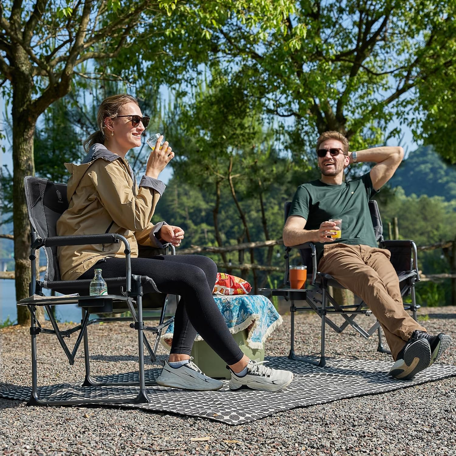 EVER ADVANCED Camping Directors' Chair with Side Table, Portable Folding Chair with Compact Size, Heavy Duty with Pocket for Camping, Lawn, Sports and Fishing, 400lbs, Gray 2 Pack
