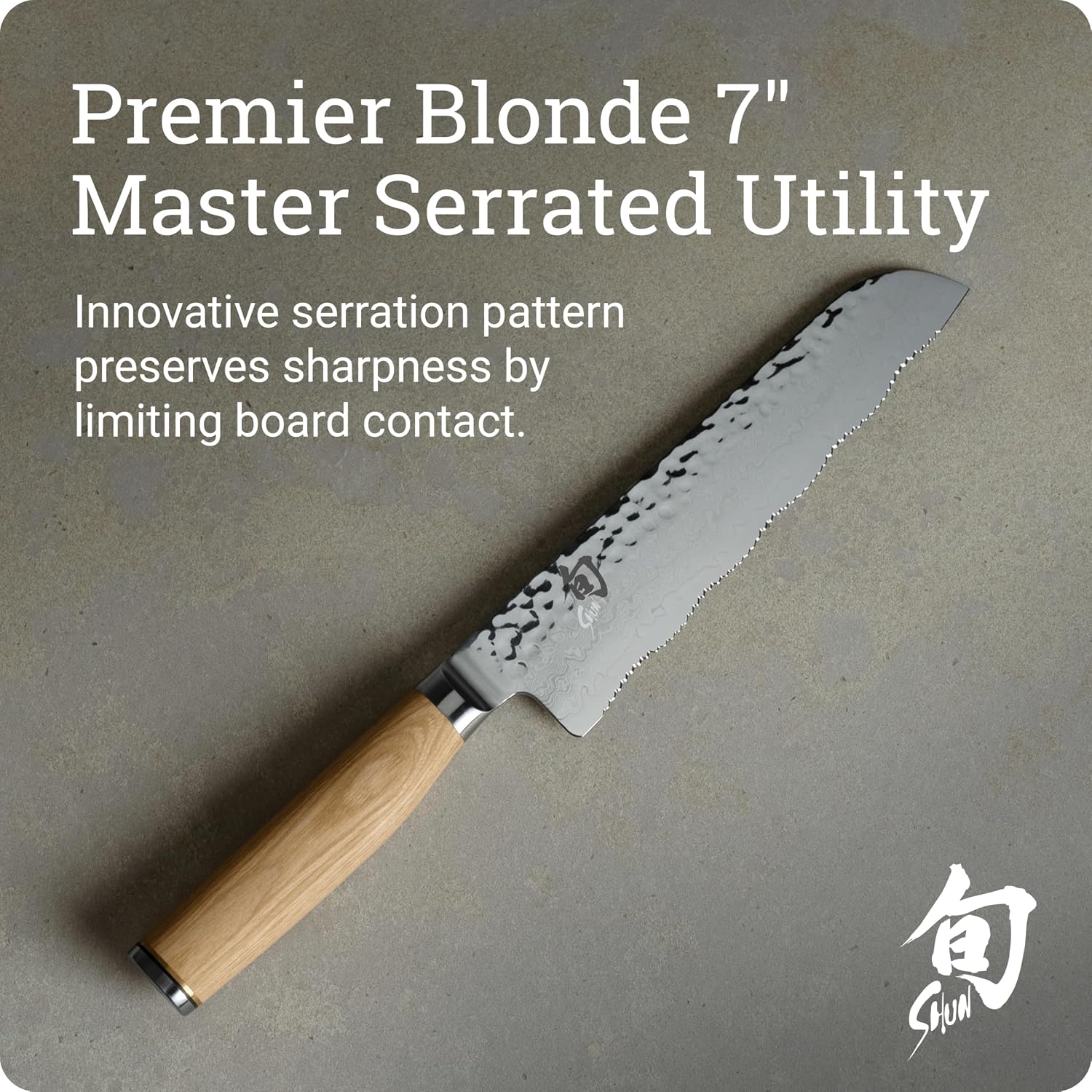 Shun Premier Blonde 7' Master Serrated Utility Knife, Handcrafted Japanese Knife, VG-MAX Core with Damascus Stainless Steel Cladding, Pakkawood Handle, Precision and Sharpness