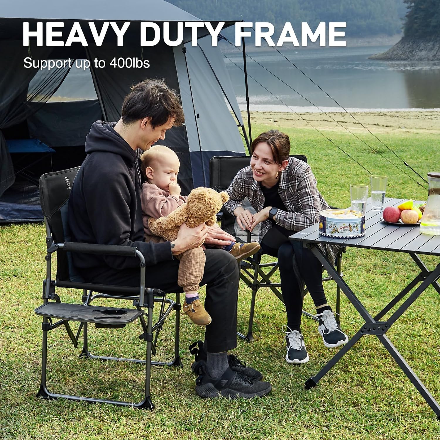 EVER ADVANCED Camping Directors' Chair with Side Table, Portable Folding with Compact Size, Heavy Duty Lawn Chair with Pocket for Camping, Lawn, Sports and Fishing, 400lbs, Black 2 Pack
