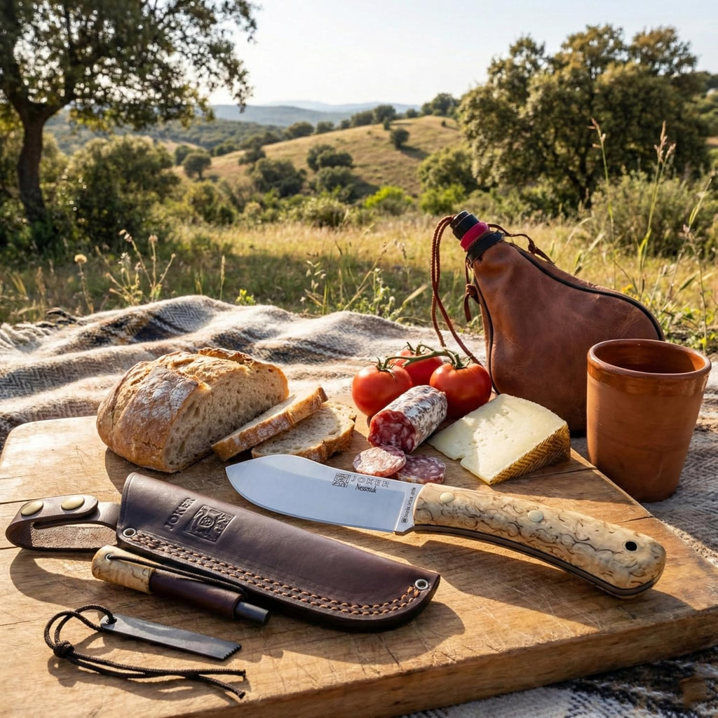 Joker Nessmuk CL136 Bushcraft Knife, 4.33 in Sandvik 14C28N Stainless Steel Flat Grind Blade, Curly Birch Handle and Brown Leather Sheath, for Bushcraft, Camping, Hiking and Field Tasks