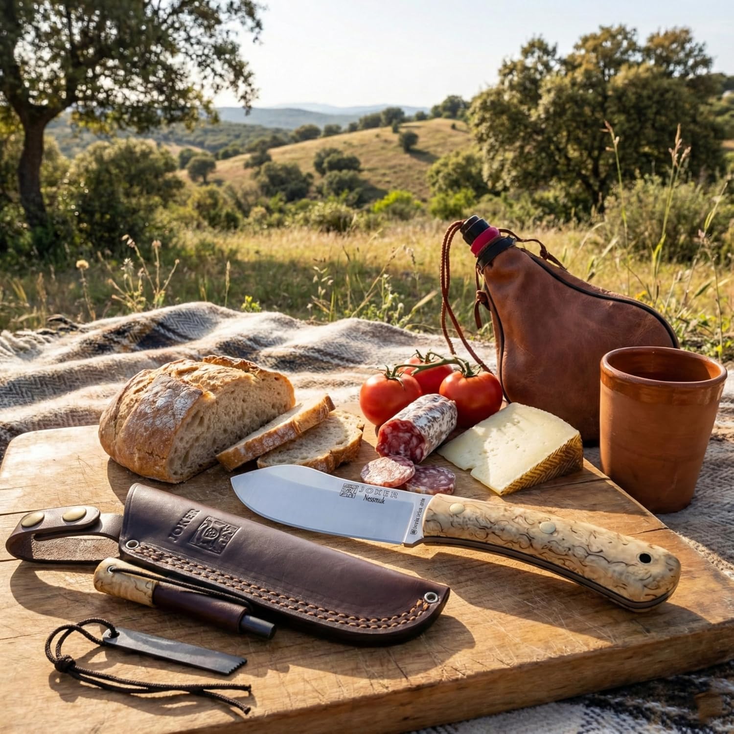 Joker Nessmuk CL136 Bushcraft Knife, 4.33 in Sandvik 14C28N Stainless Steel Flat Grind Blade, Curly Birch Handle and Brown Leather Sheath, for Bushcraft, Camping, Hiking and Field Tasks