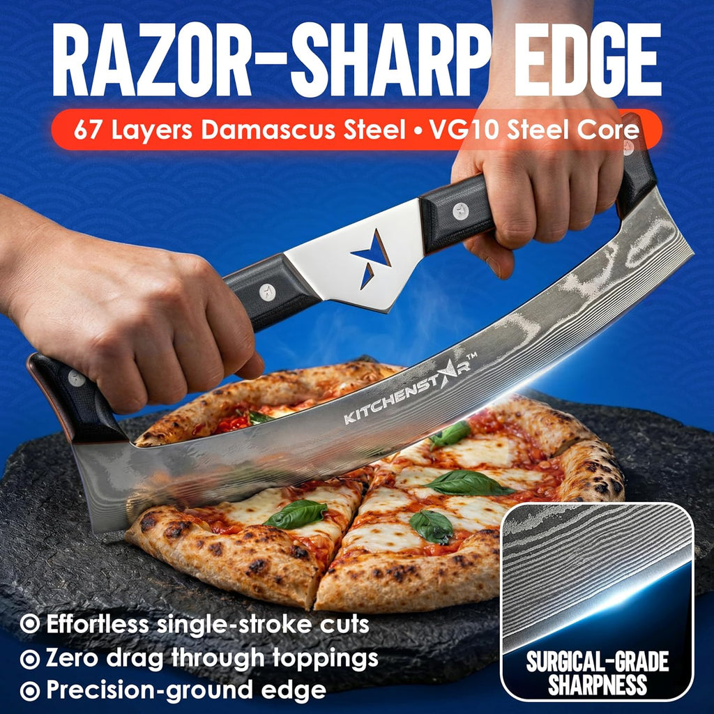 KitchenStar Pizza Cutter Rocker Knife 16-inch with Damascus VG10 Steel Blade, Heavy Duty Mezzaluna Slicer, Ergonomic G10 Handle, Professional Pizza Knife Cutter with Leather Sheath Cover