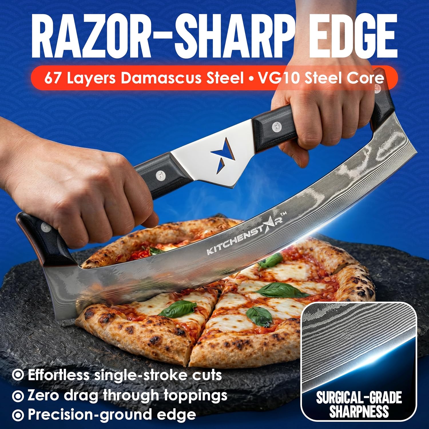 KitchenStar Pizza Cutter Rocker Knife 16-inch with Damascus VG10 Steel Blade, Heavy Duty Mezzaluna Slicer, Ergonomic G10 Handle, Professional Pizza Knife Cutter with Leather Sheath Cover