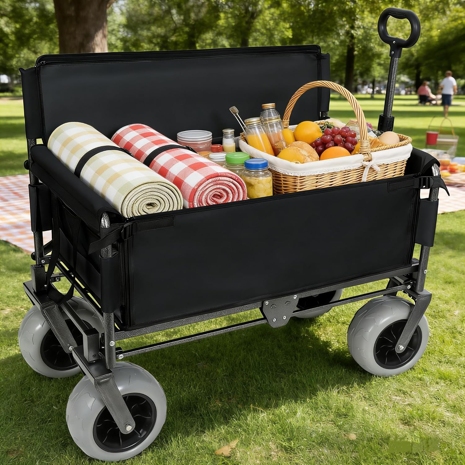 ZeHuoGe 3-in-1 Folding Wagon with Bench Seat – 500lbs Capacity, 9'x4' Beach Tires for Camping & Beach (Black)